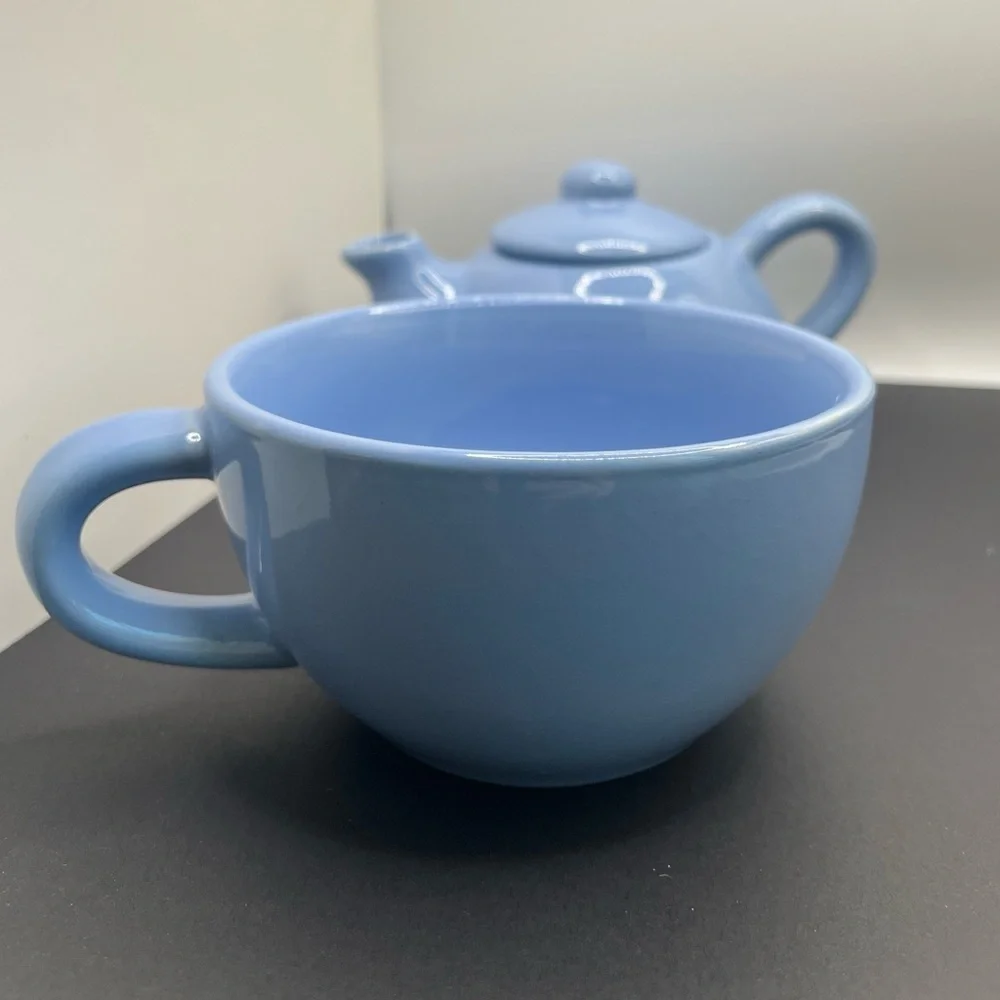 Pier 1 Blue Ceramic Stoneware Tea For One Stackable Teapot Excellent Condition